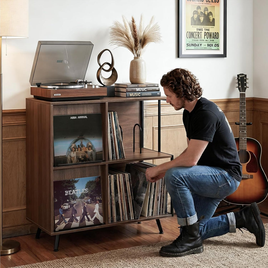 Faesun 3 Tier Record Player Stand with Flip-Down Record Shelf, Walnut