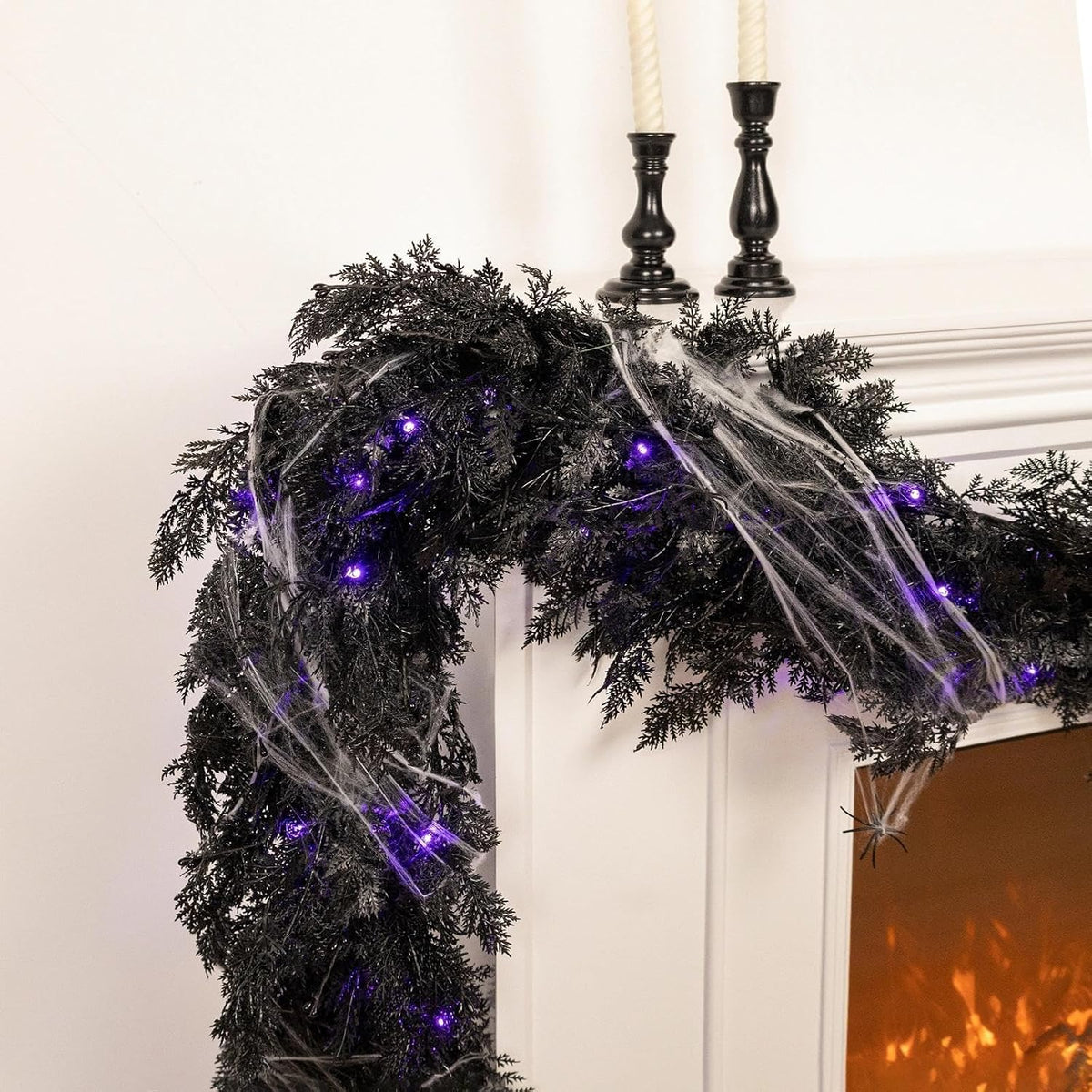 Pre-lit Halloween Garland Decorations Black Real Touch Cedar Cypress with Berry & Spider & Spiderweb Halloween Garland for Mantle, Fireplace, Table, Stairs, Door, Indoor Outdoor Decor, 9FT