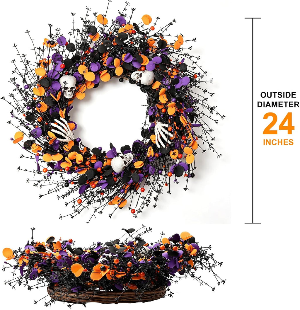 zjlmit Halloween Wreath 24 Inch Halloweeen Wreaths for Front Door Handmade Skull Wreaths with White Skeleton Hand Black Eucalyptus Leaves Orange Berries for Window Porch Indoor Party Holiday Wall Home
