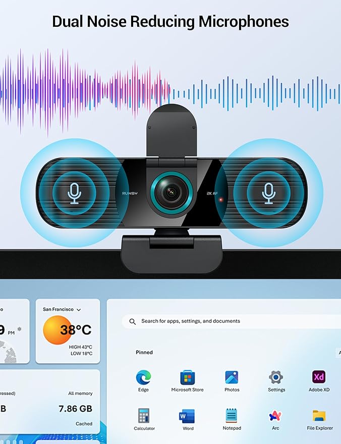 RUWBY QHD 2K Webcam with Built-in Dual Mics, Wide-Angle Lens, Privacy Cover