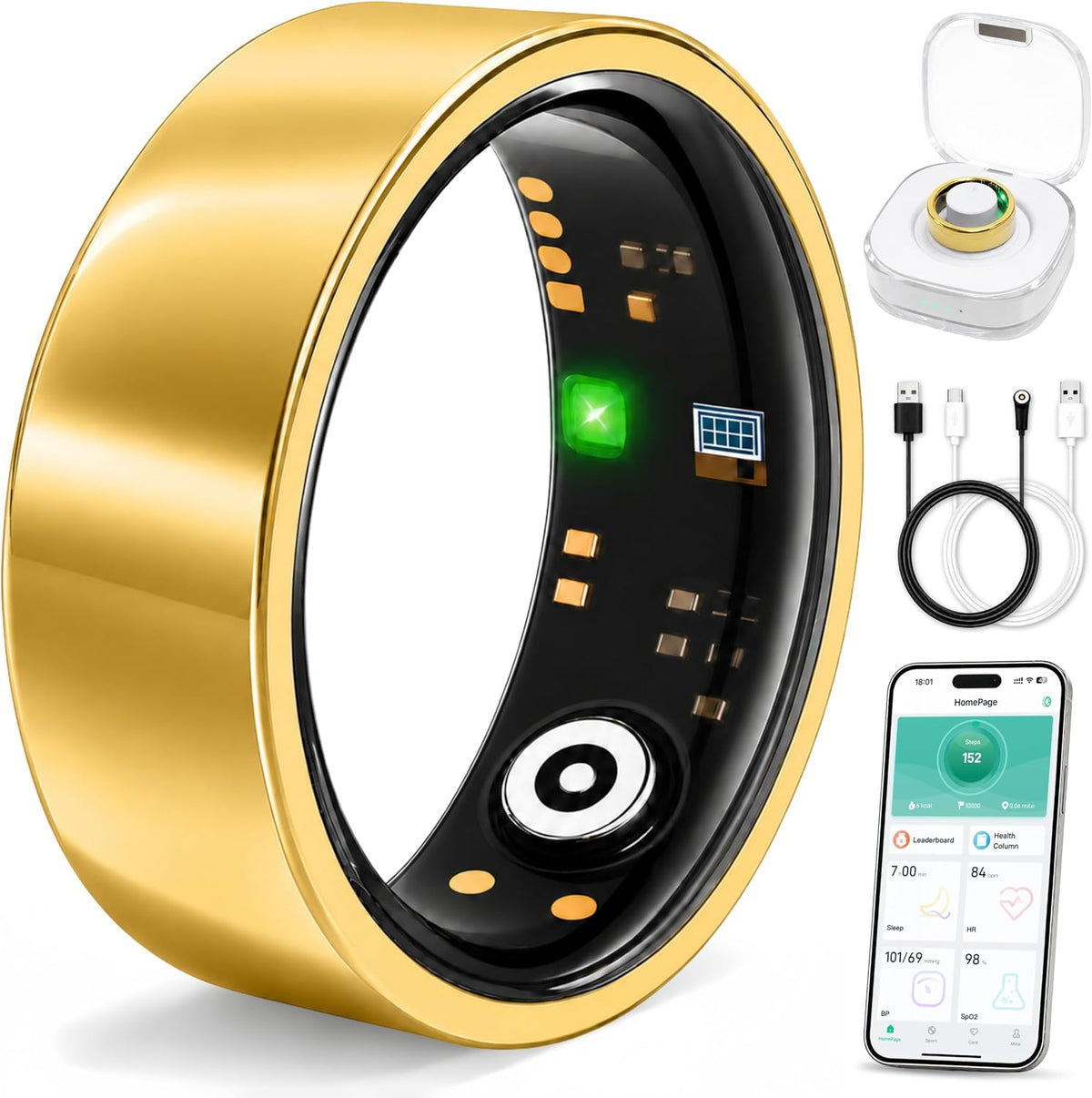 Smart Ring for Women & Men, Sleep and Fitness Tracker (Gold, 7)