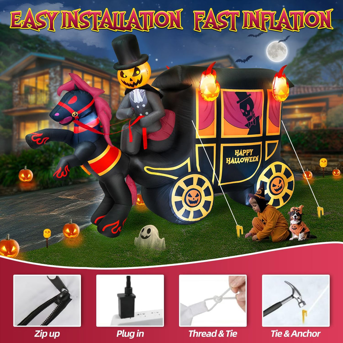 10FT Long Halloween Inflatables Built-in LED Light Pumpkin-Headed Horse Carriage, Giant Halloween Decorations Outdoor Blow Up Yard Decorations Spooky Ghost Carriage Halloween Blowups for Lawn Party