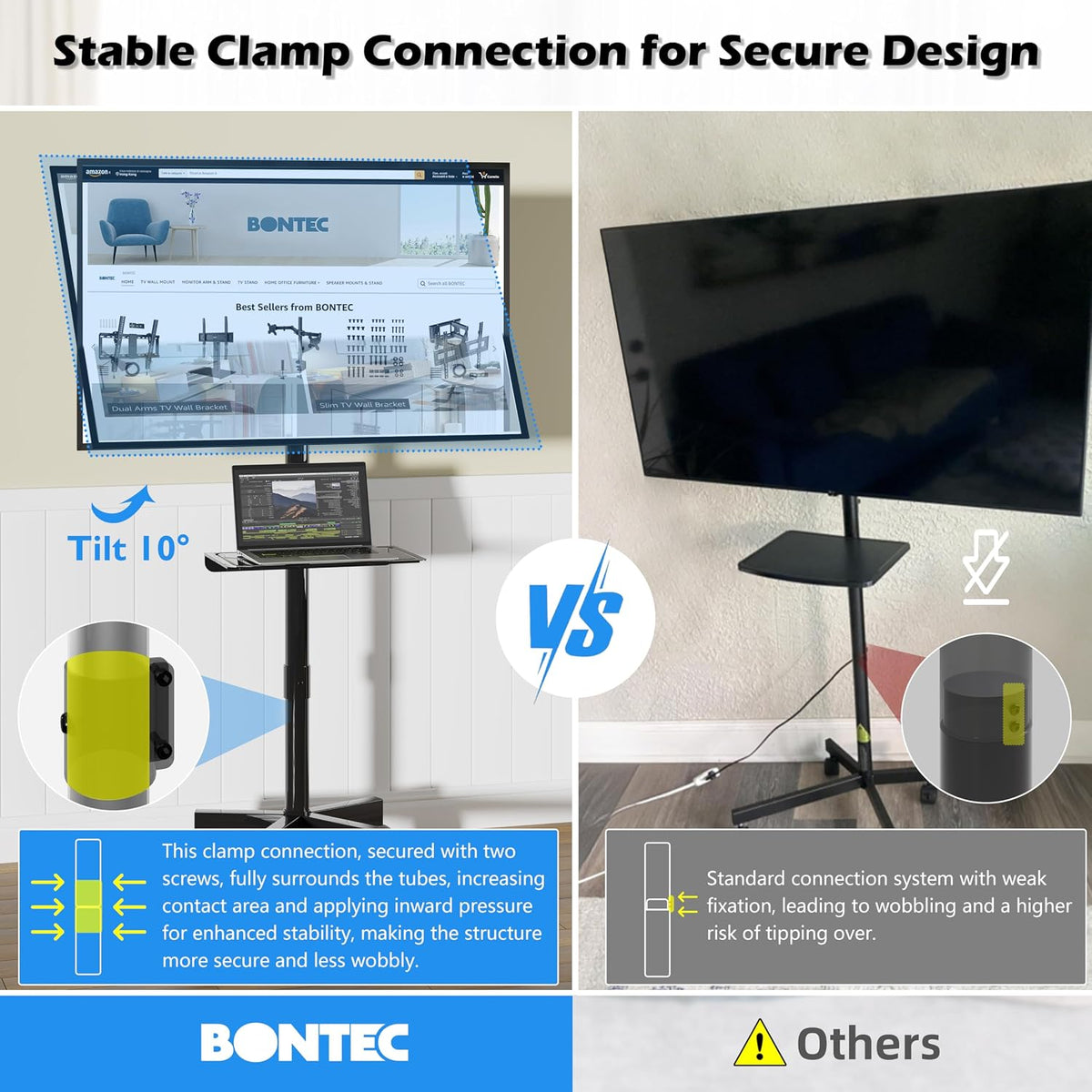 bontec rolling tv stand with tilt,mobile tv stand, close-up detail