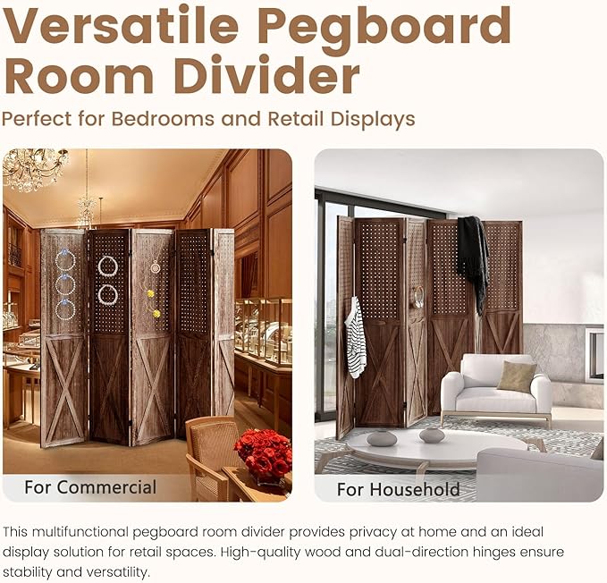 ALeesing 6 Panel Pegboard Room Divider, 5.6Ft Pegboard Display Folding Privacy