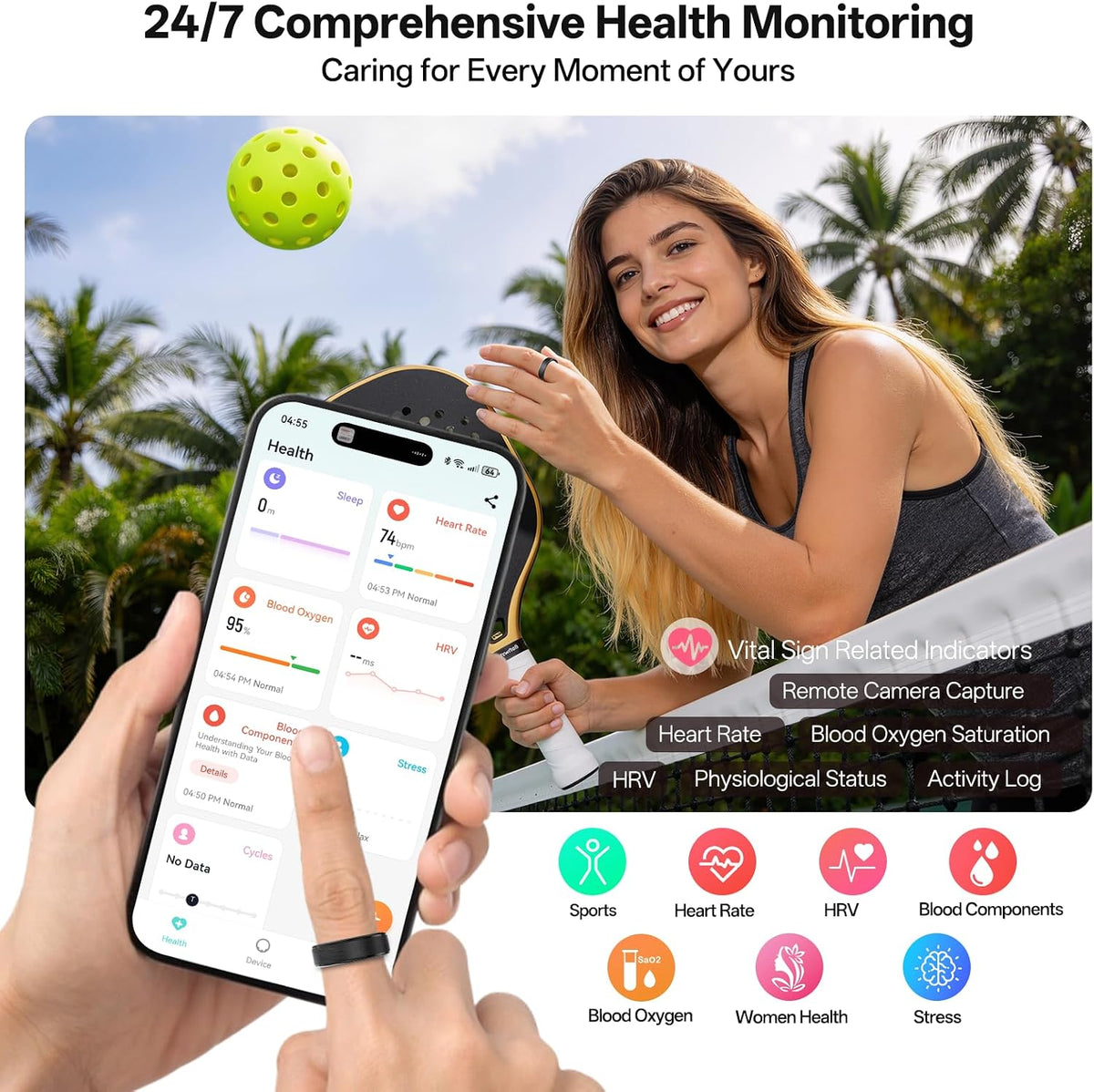 smart ring, fitness & health tracker/sleep/hrv/heart rate/spo2 (black,11#) shown in use