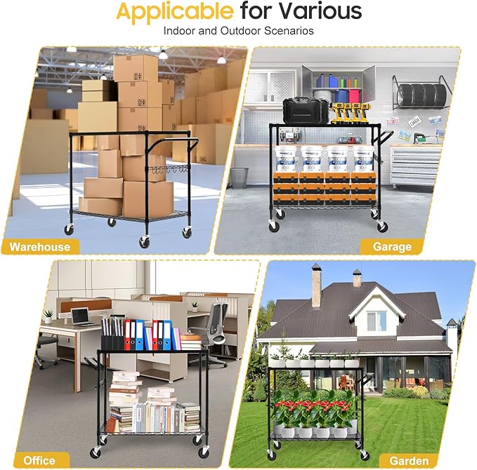 WDT 2-Tier Utility Cart with Wheels, Metal Cart with 1000LBS Capacity, NSF
