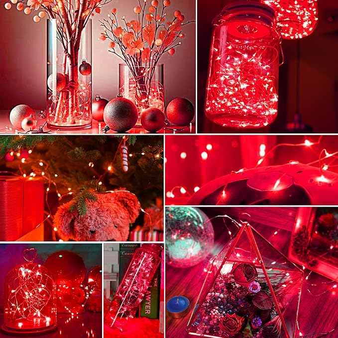 pozzolanas 100 Pack Red Battery Operated String Lights - 7ft Waterproof Fairy Lights with 20 LEDs for Home, Mason Jar, Party, Wedding, Halloween, Christmas Decorations