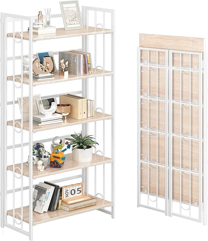 4NM No Assembly 5 Tiers Folding Bookshelf, 59.4" H Foldable Storage Shelves