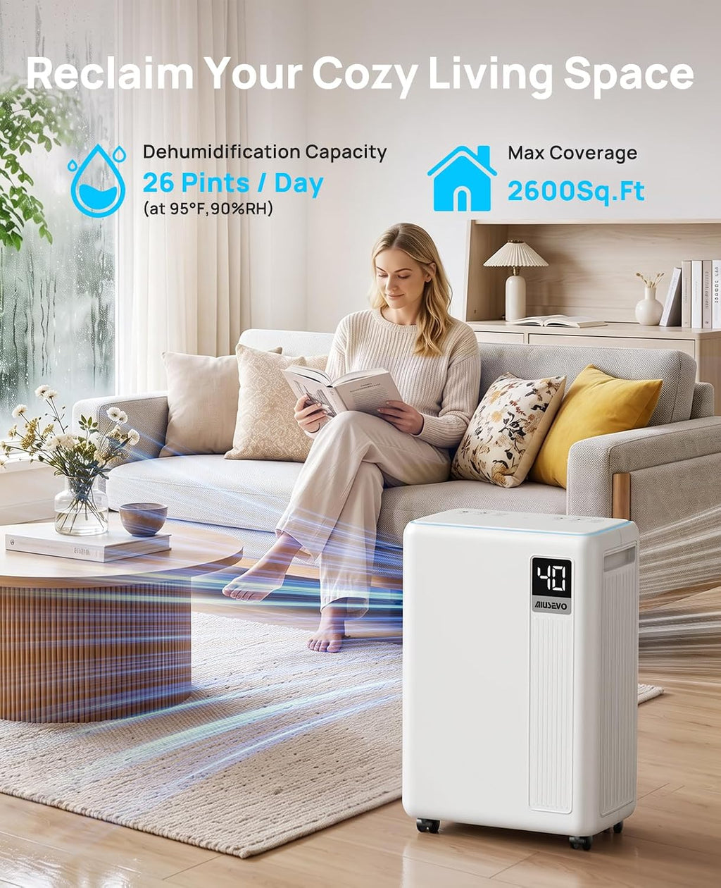 26-Pint Dehumidifier, Dehumidifier for Basement with Drain Hose, 2600 sq ft