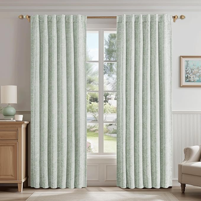 Beauoop Green Floral Jacquard Blackout Curtains 108 Inches Long 2 Panels