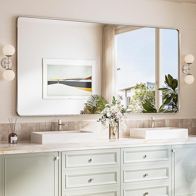 TokeShimi 72x36 Brushed Nickel Bathroom Mirror, Tempered Glass, Bathroom Wall