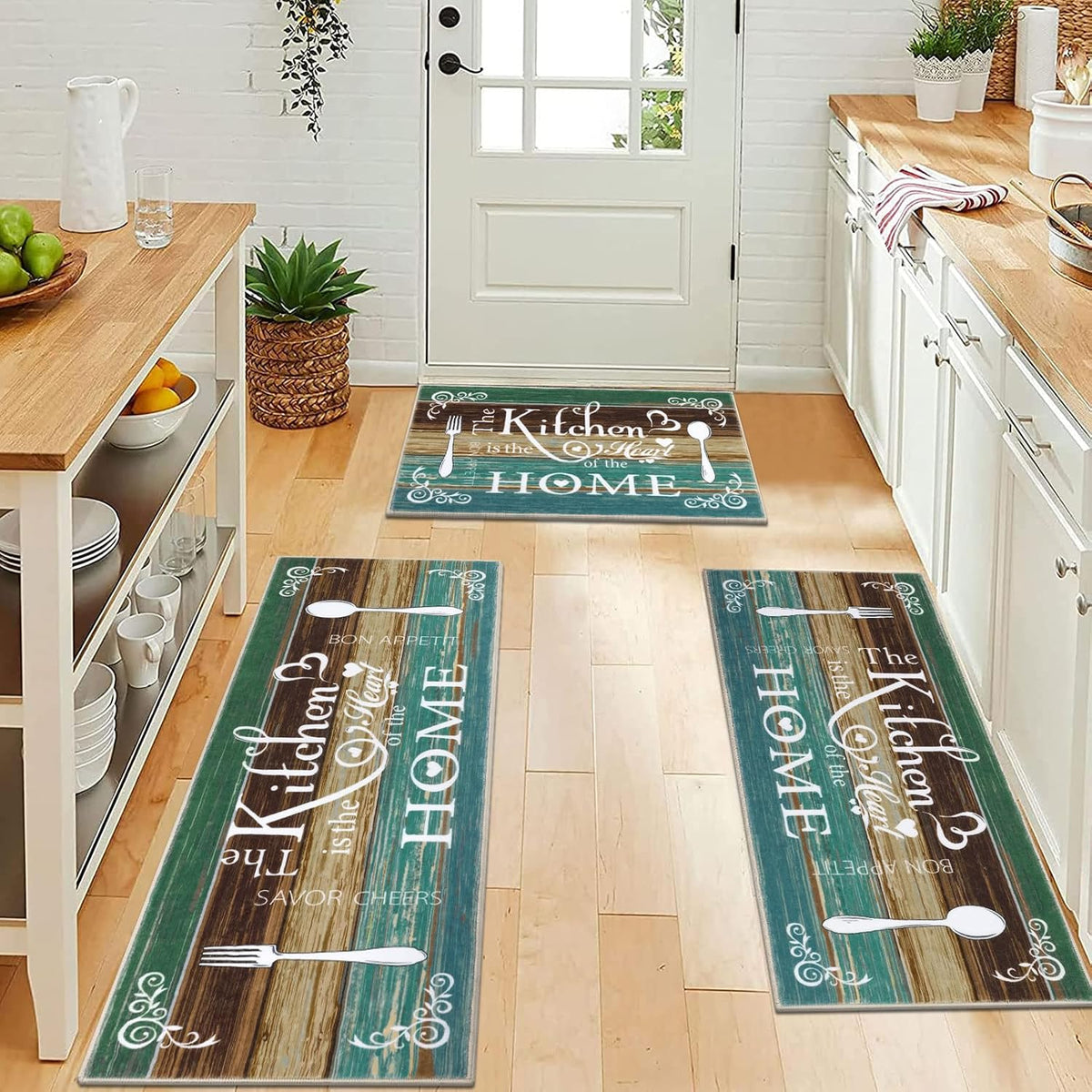 Vaukki Boho Kitchen Rug Sets 3 Piece,Teal Washable Kitchen Mat for Floor
