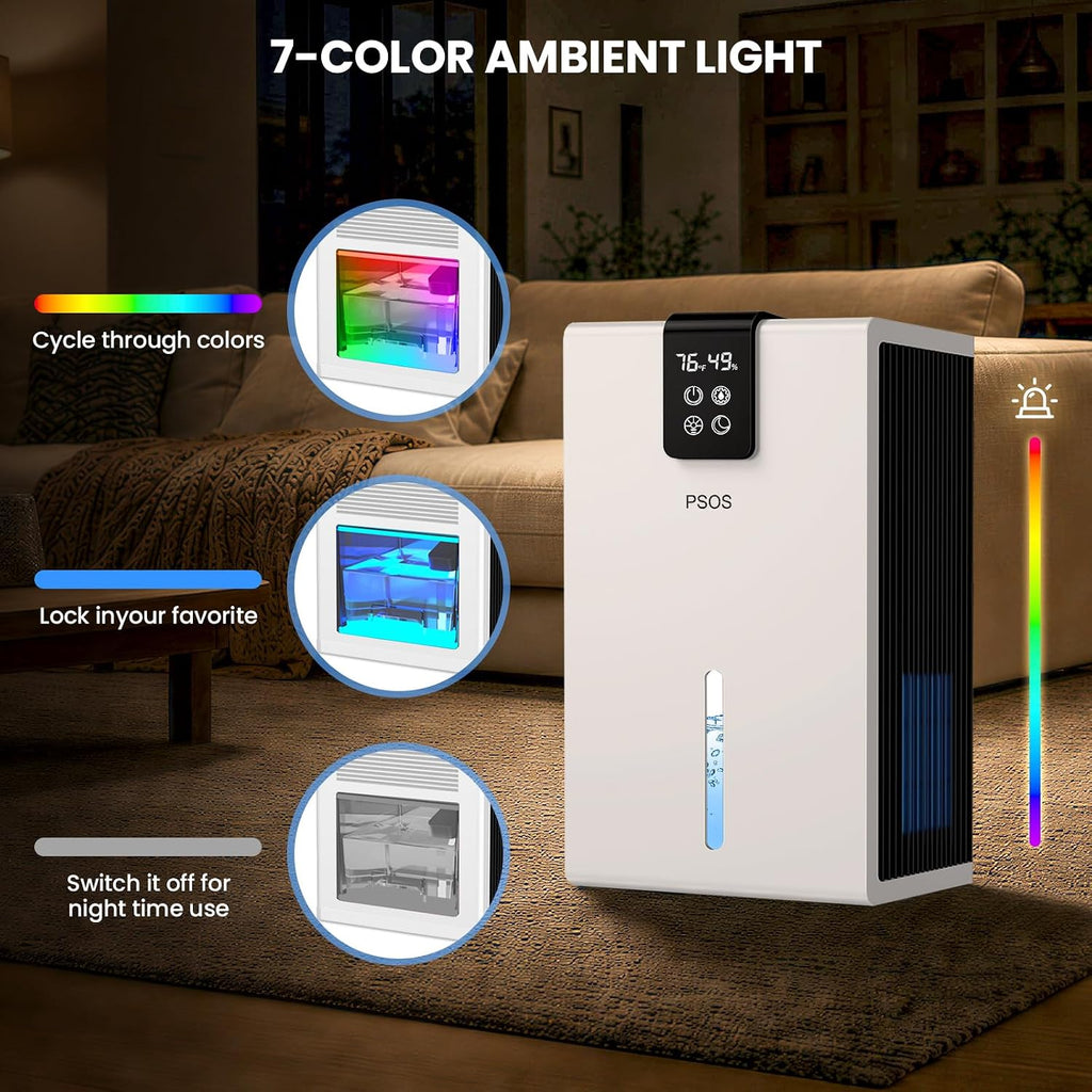 PSOS Dehumidifier, Dehumidifiers for Home, 98 OZ Water Tank, (1000 sq.ft) Quiet Dehumidifier for Basement Bathroom Bedroom with Humidity Display, Auto Shut Off, Relaxing 7 Color Ambient Light(White)