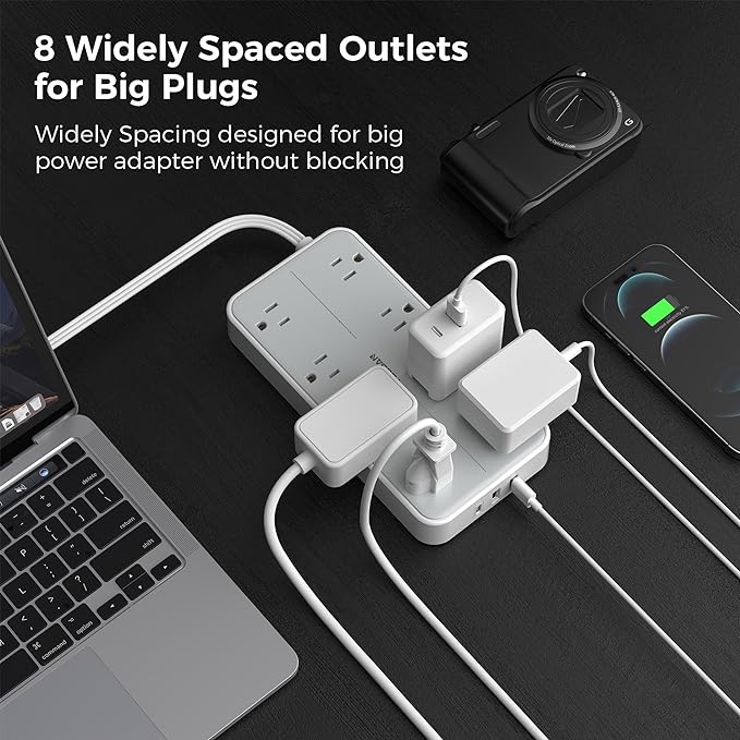 Power Strip Surge Protector 10 FT, TESSAN Flat Plug Extension Cord