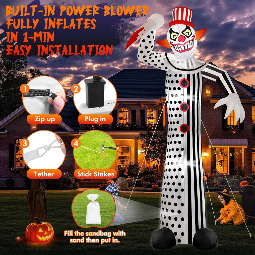 zukakii 12Ft Giant Halloween Inflatables Creepy Clown, Huge Halloween Decorations Outdoor Blow Up Yard Decorations Built-in Full-Body LED Light & Strong Blower for Home Decor Party Lawn