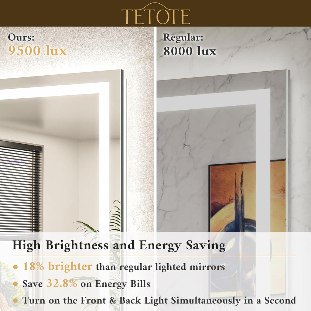 LED Bathroom Mirror 22 x 30 Inch Lighted Bathroom Vanity Mirror with Lights, Brighter Frontlit and Backlit Light up Anti Fog Mirror, 3-Color Dimmable, Shatterproof Tempered Glass, Waterproof