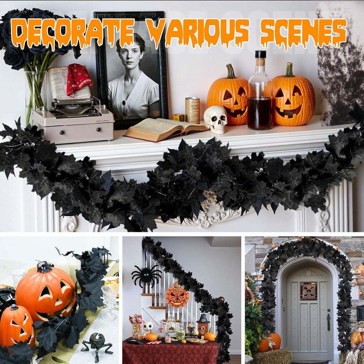 Joyhalo 8 Pack 5.7FT Halloween Garland Black Leaf Garland for Mantle, Artificial Hanging Black Maple Leaves Vines, Spooky Halloween Outdoor Floral, Haunted Mansion, Gothic Halloween Decor