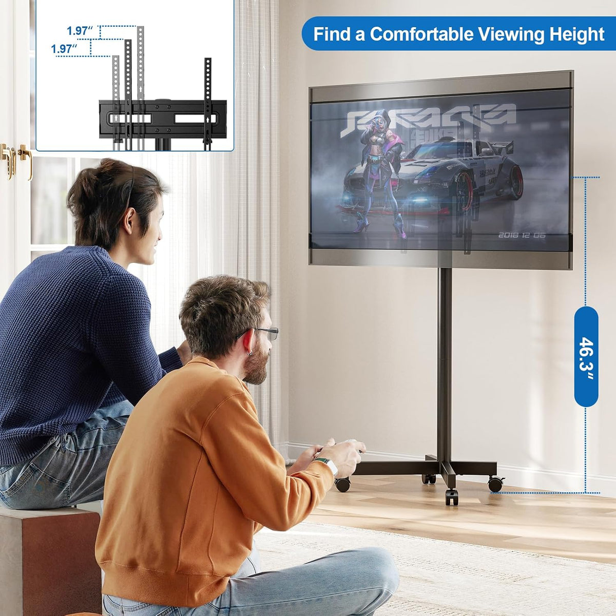 mobile tv cart rolling tv stand for 23-65 showing dimensions