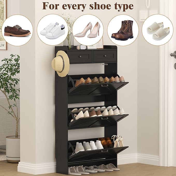 Shoe Cabinet with 3 Flip Drawers & 2 Storage Drawers, Rustic Farmhouse Narrow