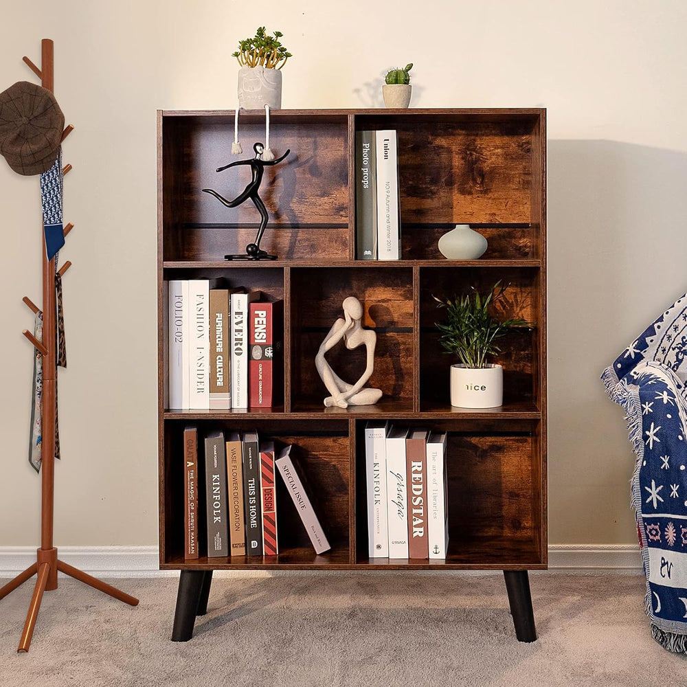 LEYAOYAO Cube Bookshelf, Mid-Century Modern Book Shelf with Legs, Brown