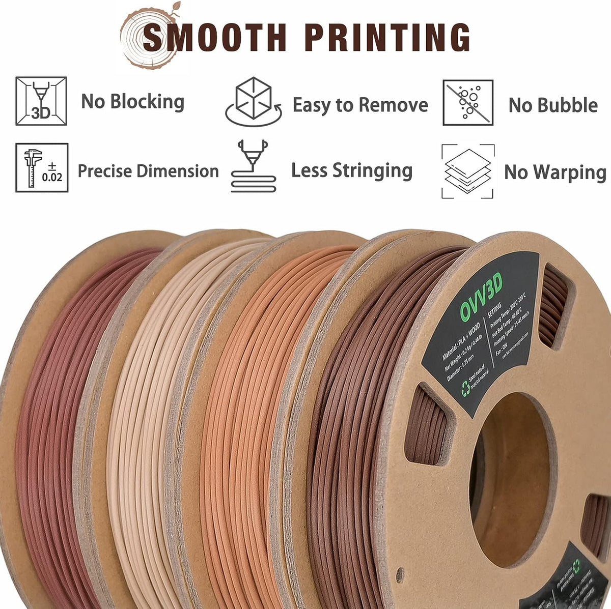 OVV3D Wood PLA 3D Printer Filament Bundle,Over 30% Real Wood Fiber,PLA 1.75