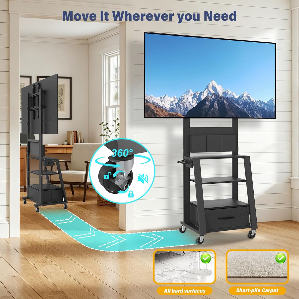 Rolling TV Stand with Power Outlet & 4-Tier Storage for 23"-60" Flat/Curved Screen up to 160lbs LCD/LED/OLED Adjustable Height Mobile TV Cart for Home Office Outdoor Max VESA 400x400mm Black