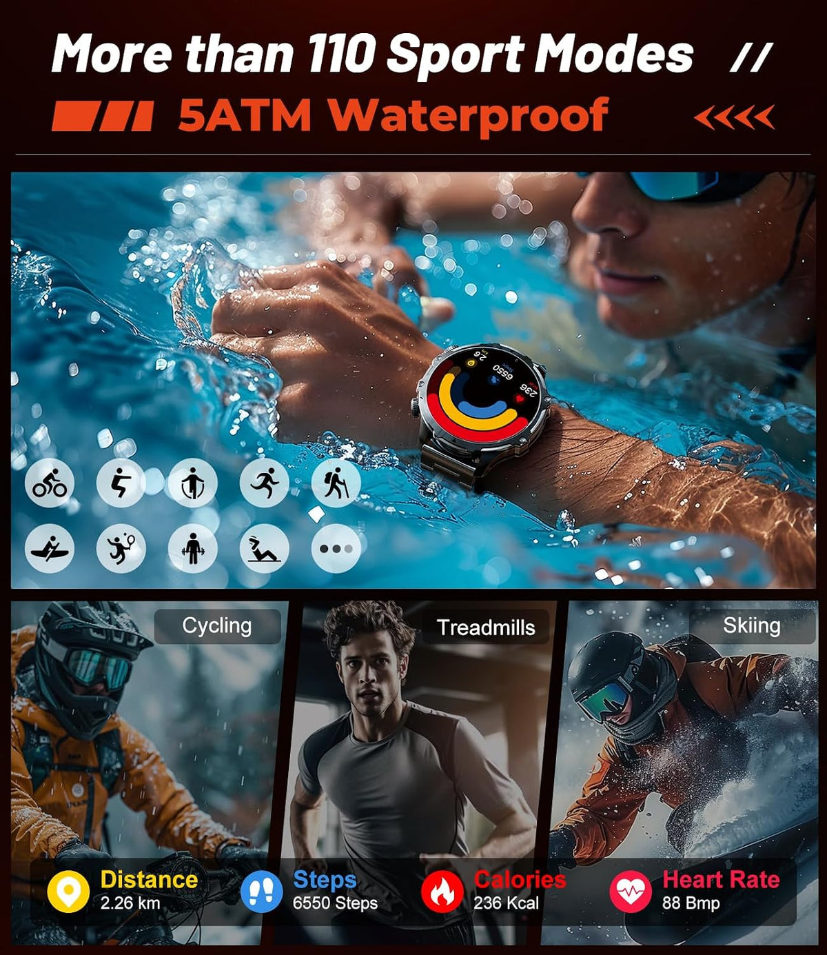 military smart watch for men, 1.85'' hd large, side view