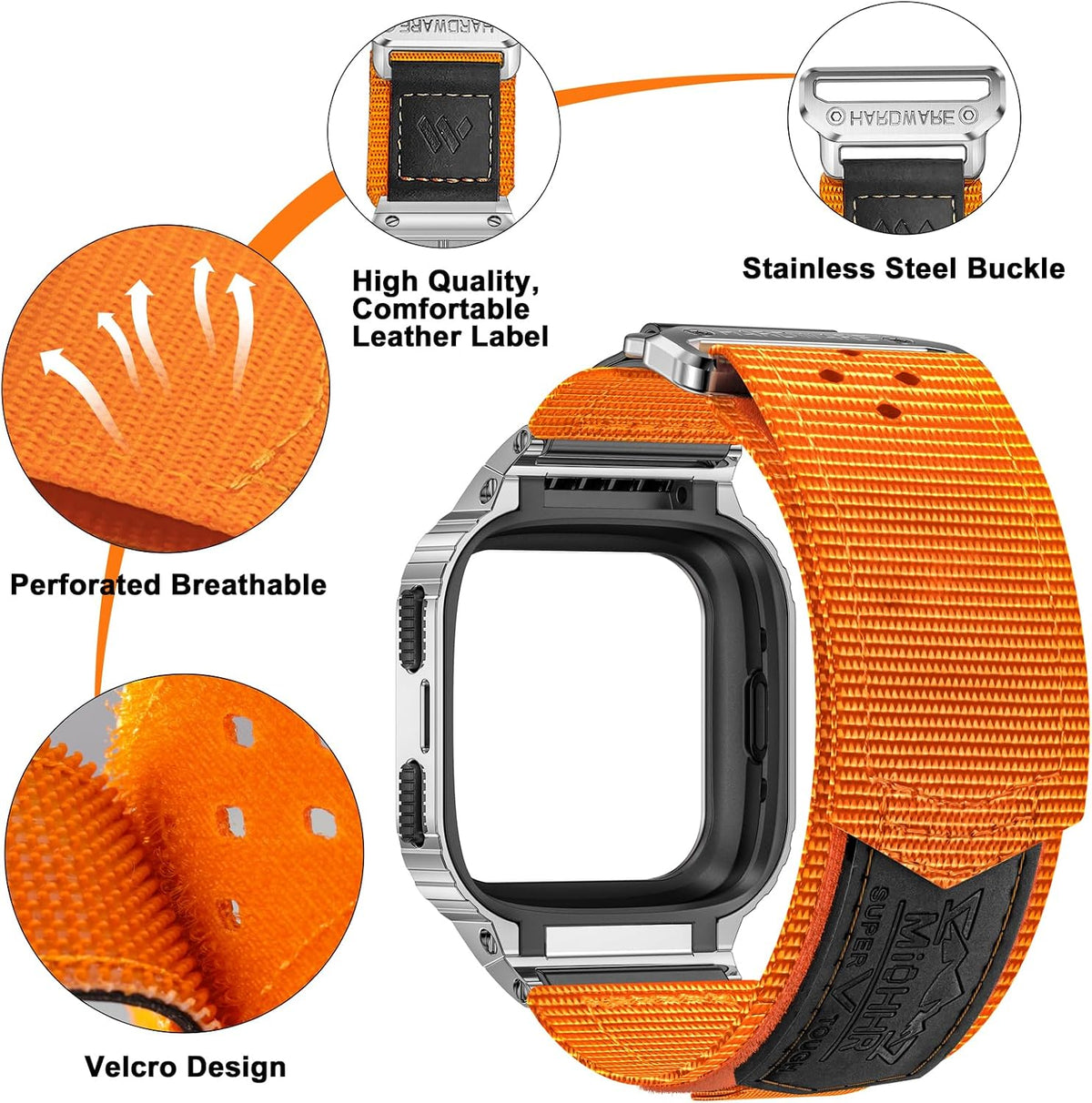 MioHHR Nylon Bands with Stainless Steel Case for Fitbit Versa 4 3 2 1 Lite