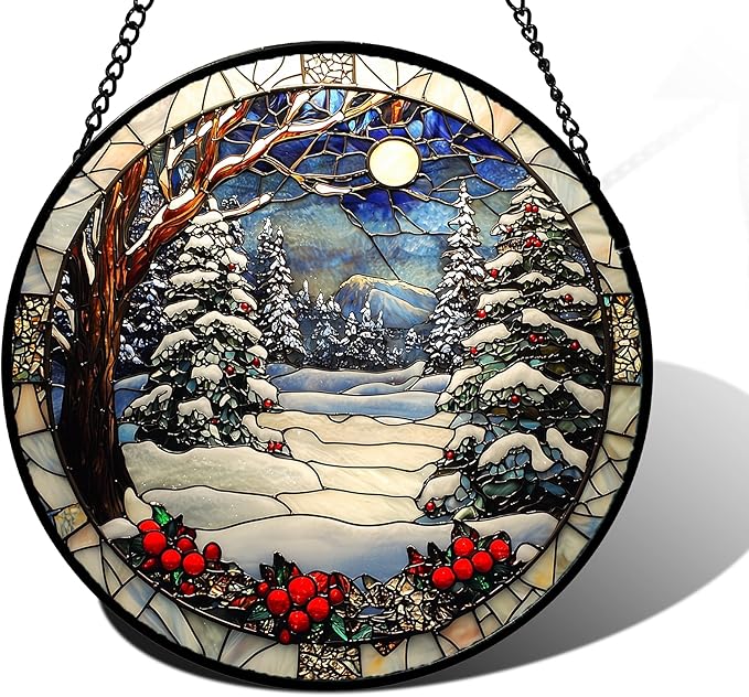 DASTOLL Stained Glass Window Hanging Christmas Tree Winter Snow Night Scenery