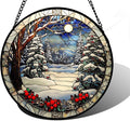 DASTOLL Stained Glass Window Hanging Christmas Tree Winter Snow Night Scenery