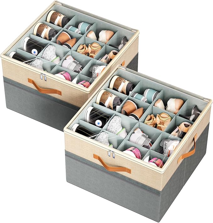Shoe Organizer for Closet, 2 Pack Foldable Shoe Storage Organizer Box Bin