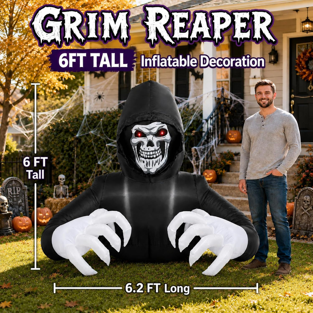 Buheco Inflatable Halloween Decorations Outside Grim Reaper 6FT Giant Scary Blow Up Skeleton Spooky Ghost Outdoor Yard Decor Inflatables Built in LED Lights for Indoor and Lawn Garden Party Holiday