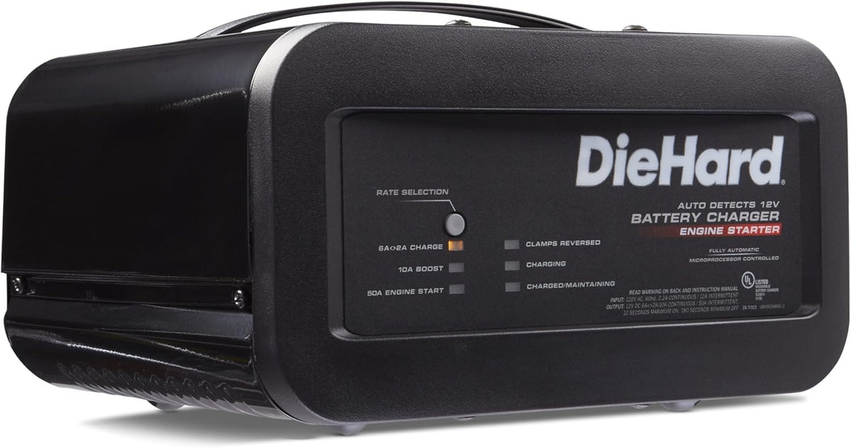 DieHard 71323 12V Shelf Smart Battery Charger and 10/50A Engine Starter, Black