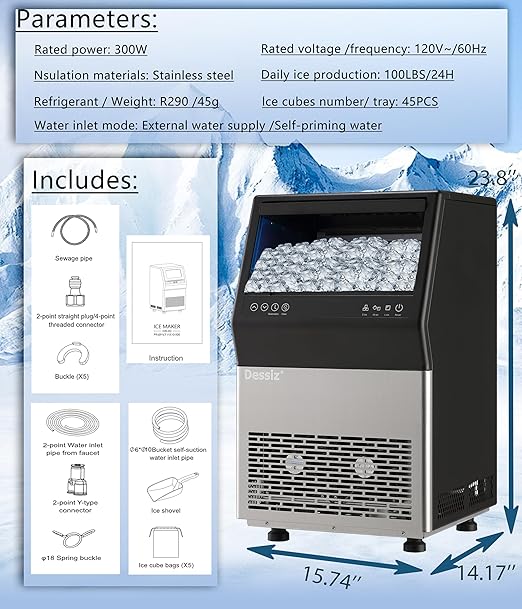 Commercial Ice Maker Machine, 100lbs/24H and 45pcs Stainless Steel Freestanding