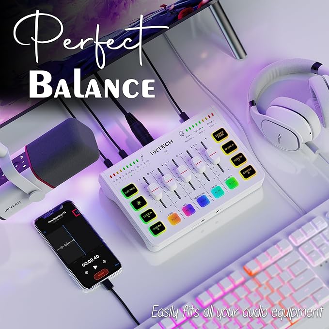 IXTECH Gaming Audio Mixer 4 Channel Soundboard, Streaming RGB PC Audio Interface