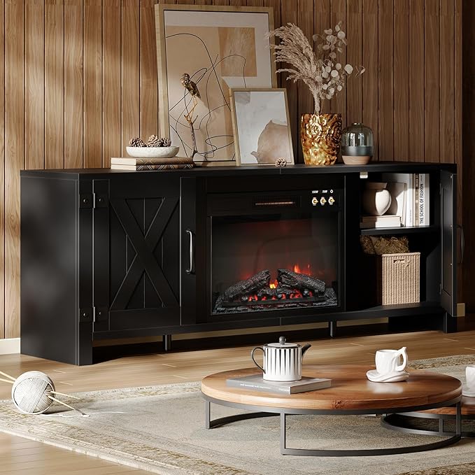Bestier 63" Fireplace TV Stand for TVs Up to 70", Farmhouse Barn Door