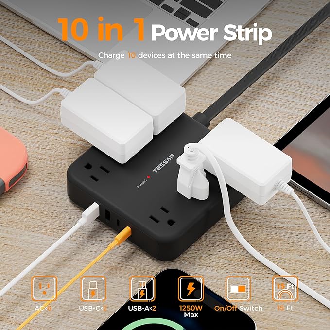TESSAN Flat Plug Extension Cord 15 Ft, 2100J Surge Protector Power Strip
