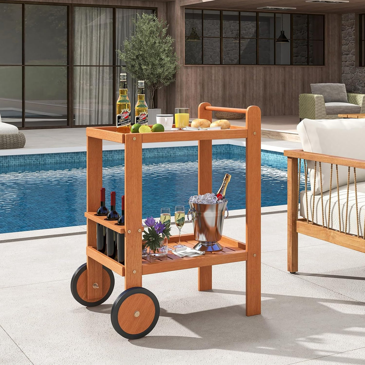 Tangkula 2-Tier Rolling Bar Cart with Rubber Wheels, Natural