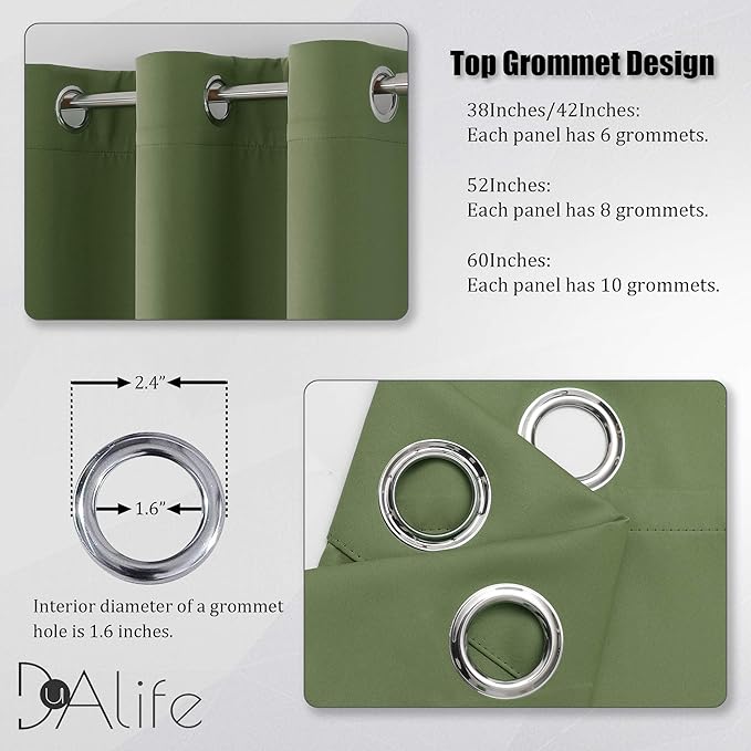 Dualife Sage Green Blackout Curtains 42 x 96 Inch Long Set of 2 Panels