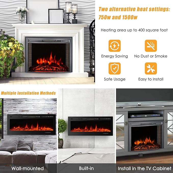 CharaVector Electric Fireplaces Recessed Wall Mounted Fireplace Insert 50 Inch