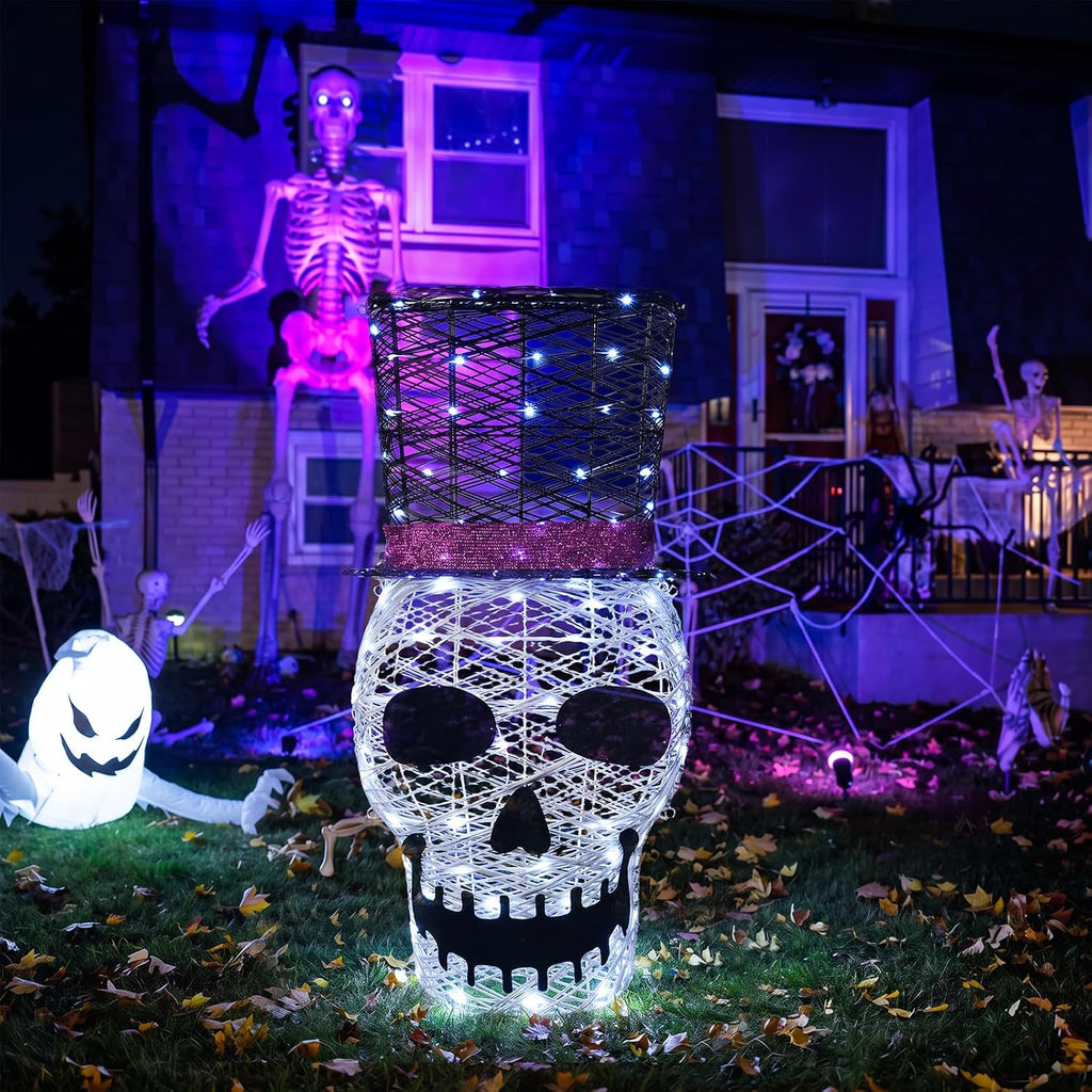 36" Lighted Skull with Top Hat,100 LED Prelit Skull Outdoor Halloween Decor