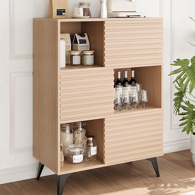 IDEALHOUSE Fluted Cabinet with Sliding Doors, Modern Wooden Storage Cabinet