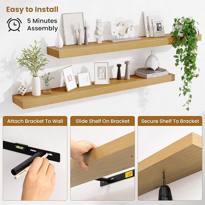 Fun Memories Floating Shelves 48 Inch, Extra Large Wood Shelf Set of 2
