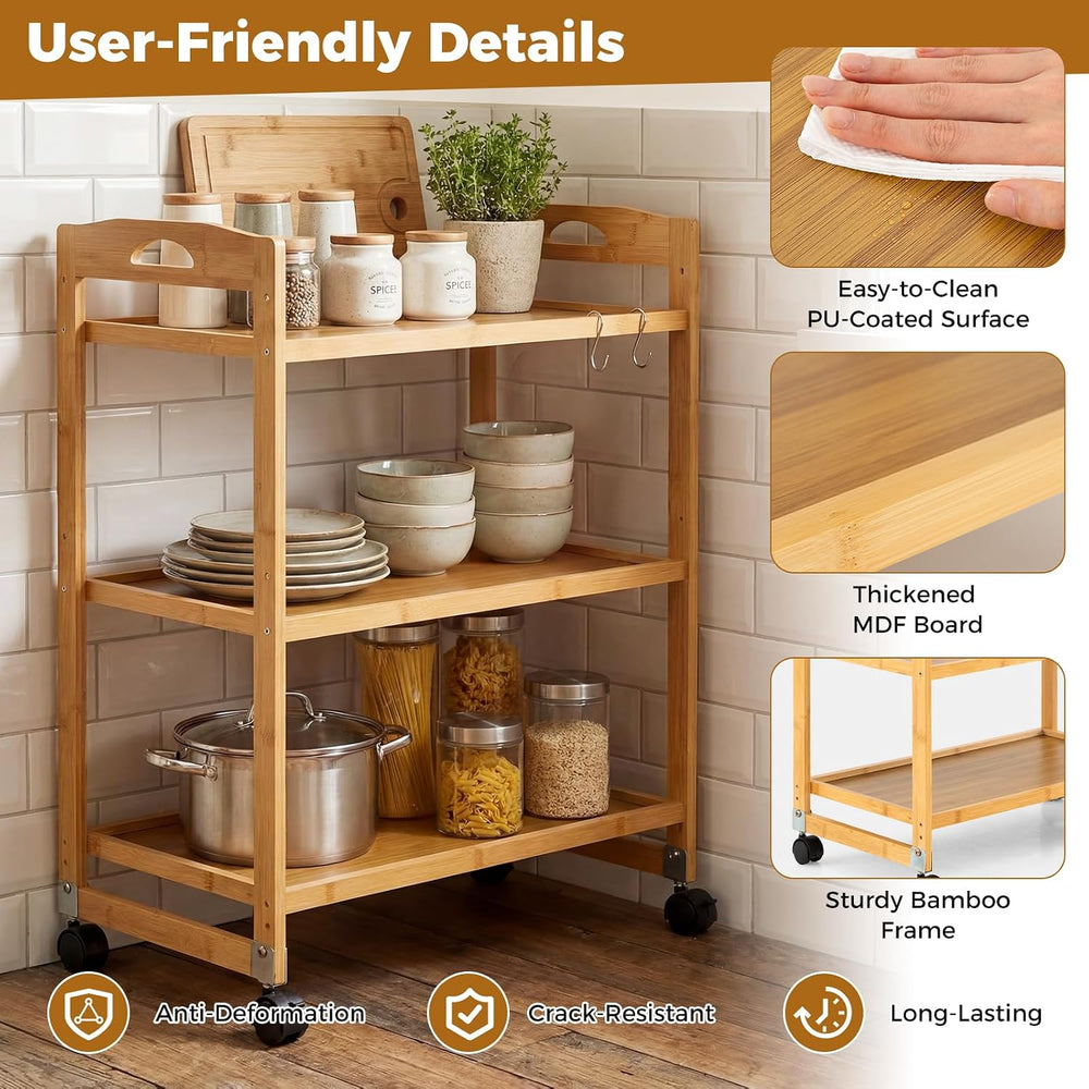 GIANTEX 3-Tier Rolling Storage Cart, Bamboo Utility Cart w/ 3 Side Hooks &amp...