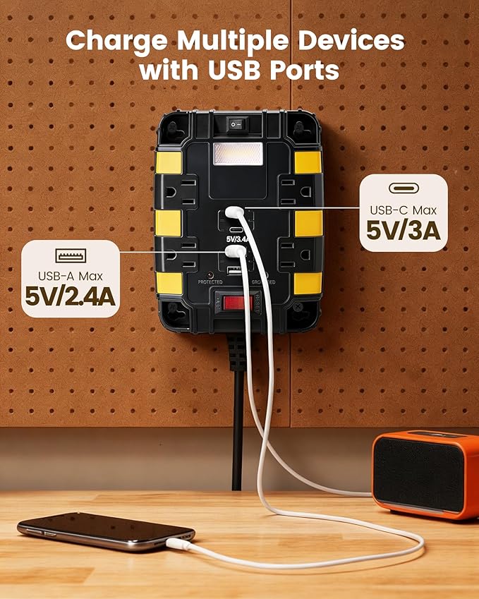 SURAIELEC Magnetic Power Strip, 1080J Surge Protector, 4 Outlets, 2 USB-A & 2
