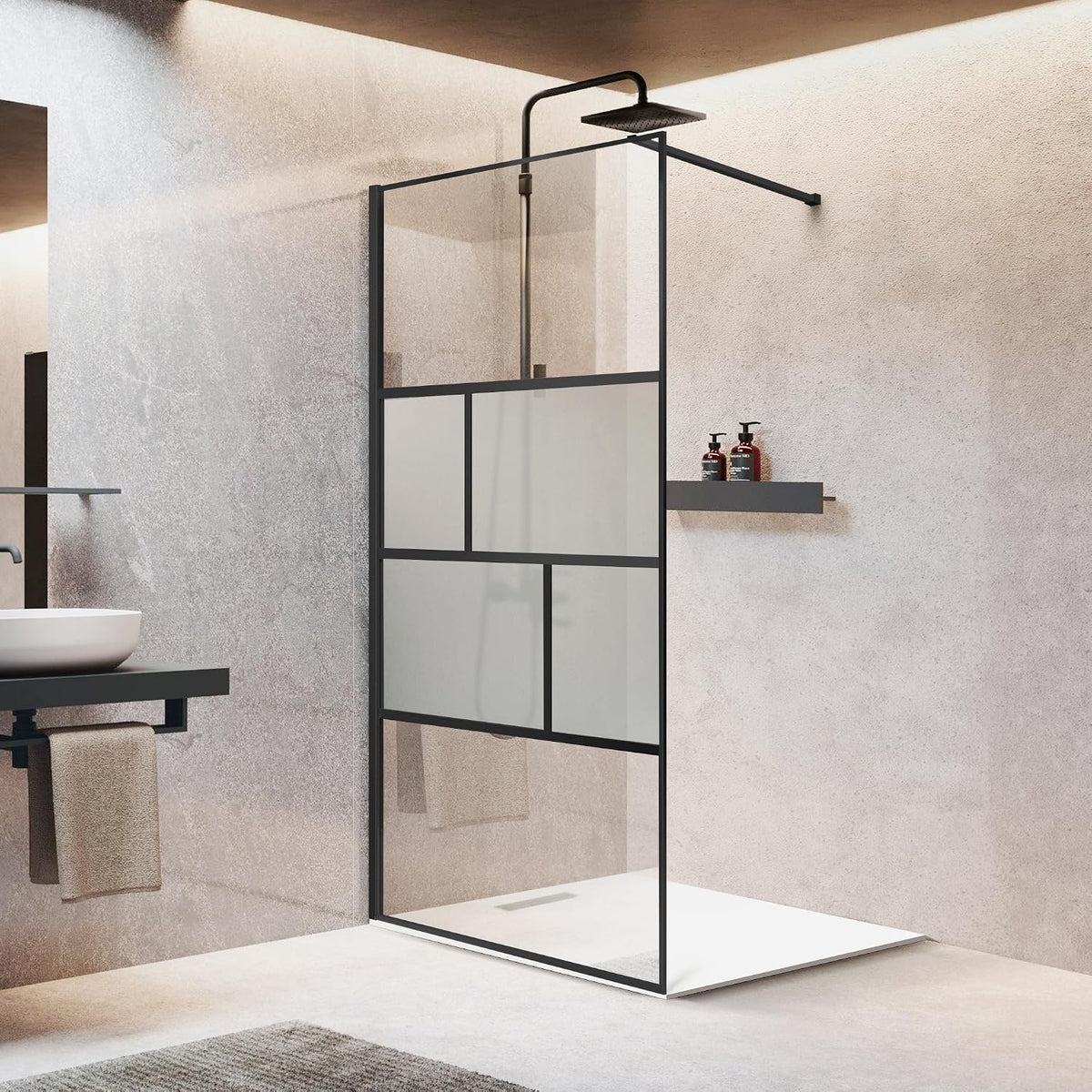Bathroom Shower Door, Modern Grid Shower Door 34 * 74 Inch, 5/16"(8mm) Clear Tempered Glass and Frosted Glass Shower Panel, Matte Black
