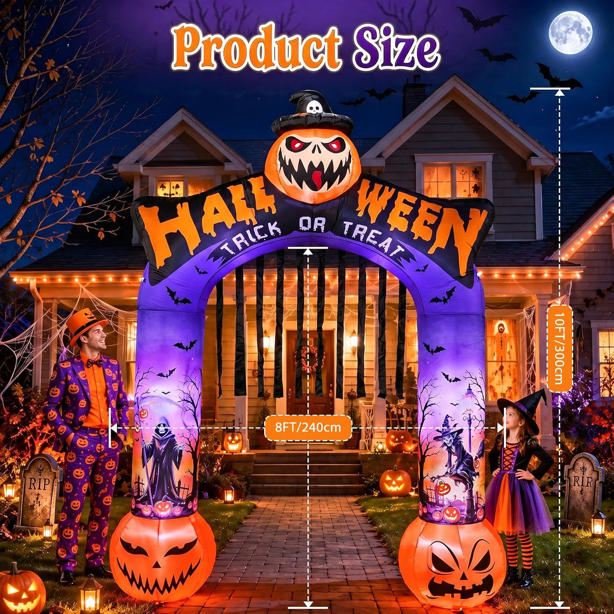 10 FT Halloween Inflatable Archway, Built-in LED Lights, Blow Up Outdoor Yard Decoration with Grim Reaper Witch Bat Patterns for Front Lawn Garden Party Décor Outdoor Holiday Party