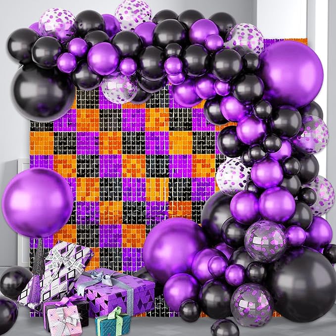 12PCS Black Orange Purple Shimmer Wall Backdrop, Laser Square Sequin Photo Backdrops Panel, Glitter Wall Background for Birthdays, Weddings, Halloween Party Decor (3FTx4FT)