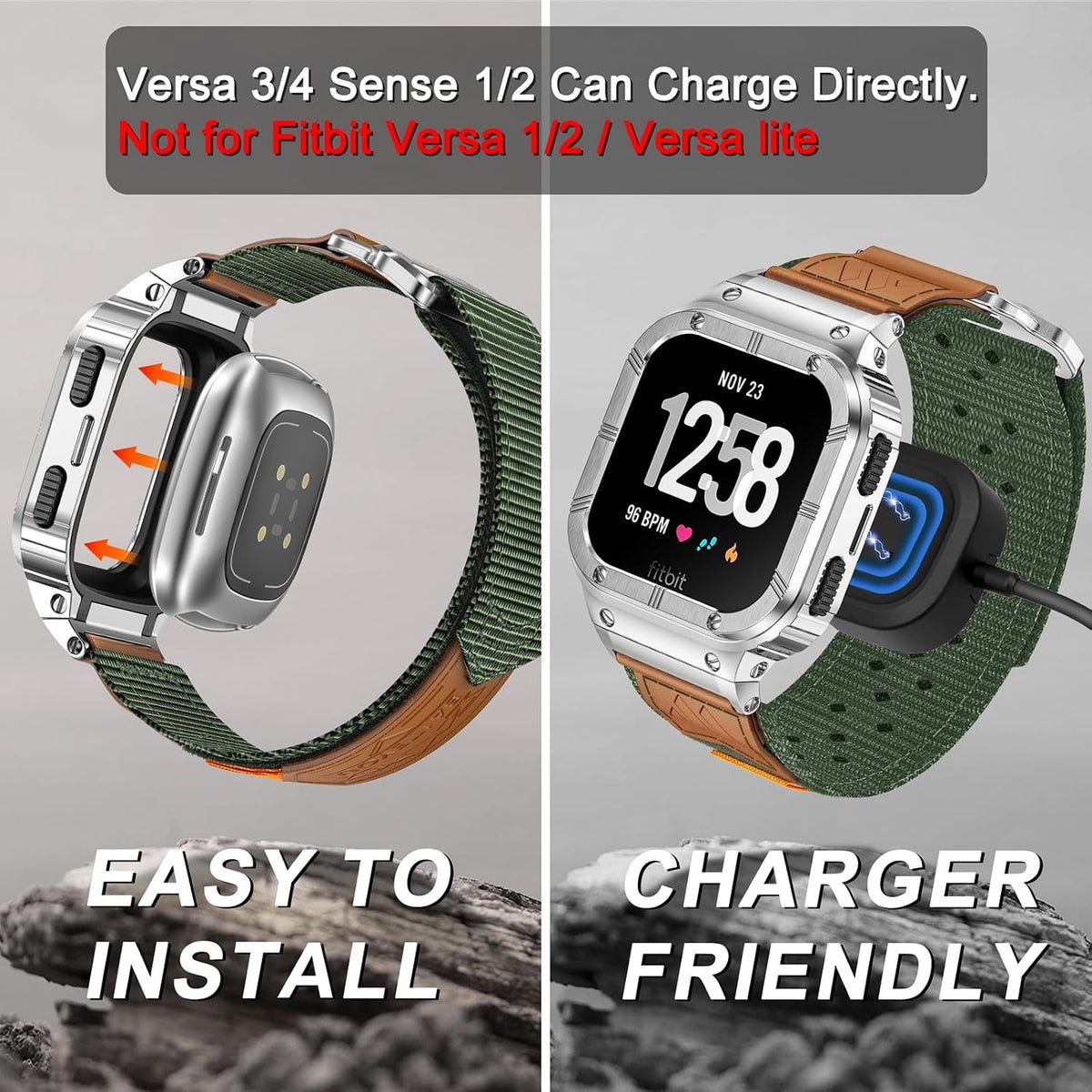 MioHHR Nylon Bands with Stainless Steel Case for Fitbit Versa 4 3 2 1 Lite