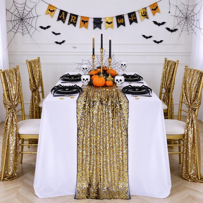 Black Gold Sequin Table Runner Rectangular Glitter Halloween Party Reusable